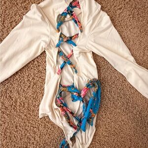 Free People Cream Top with Blue Floral Design